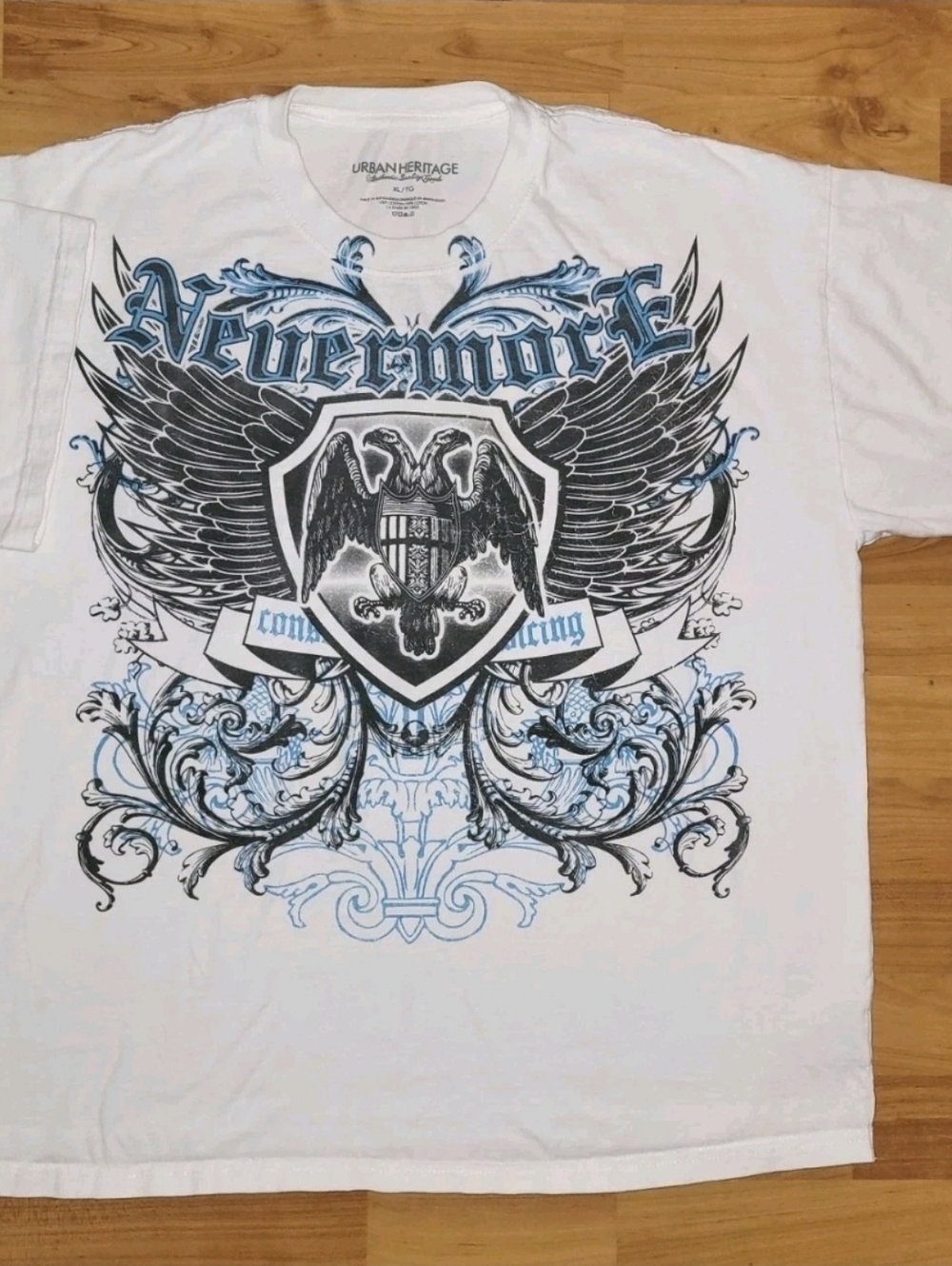 Y2K Urban Heritage Bold Blue And Black Grunge Eagles Wings Nevermore Graphic, XL
